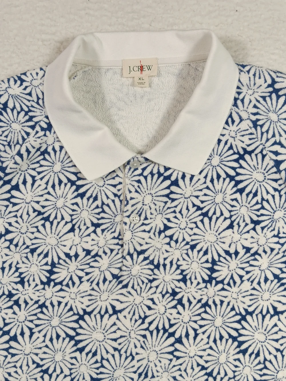 J Crew Oarsman Shirt Mens Size XL Blue Terry Cloth Polo Floral Nautical Golf